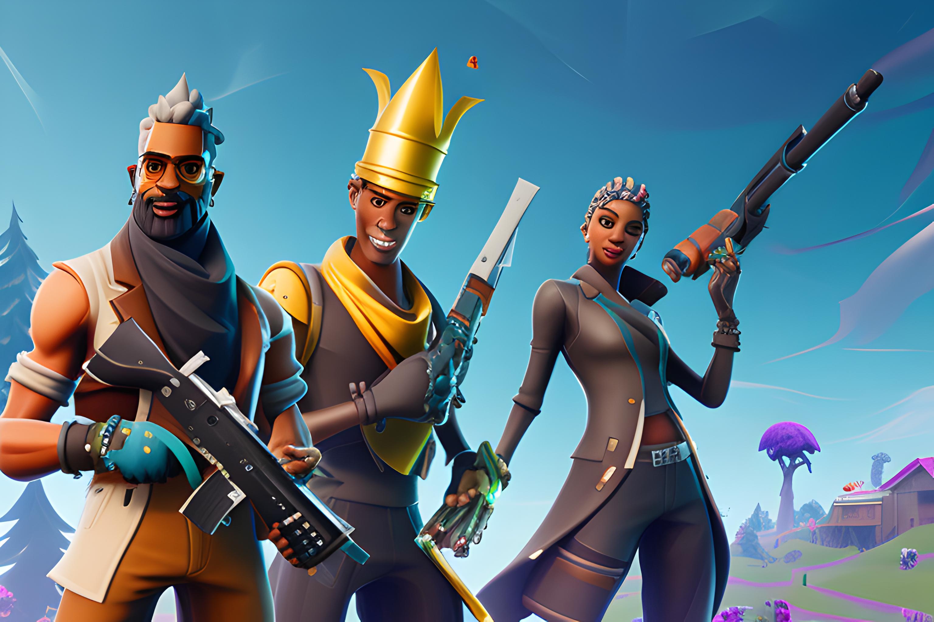 créé moi un fond d'ecran sur le theme fortnite avec des skin du jeu des decors du jeu . Les skins s…